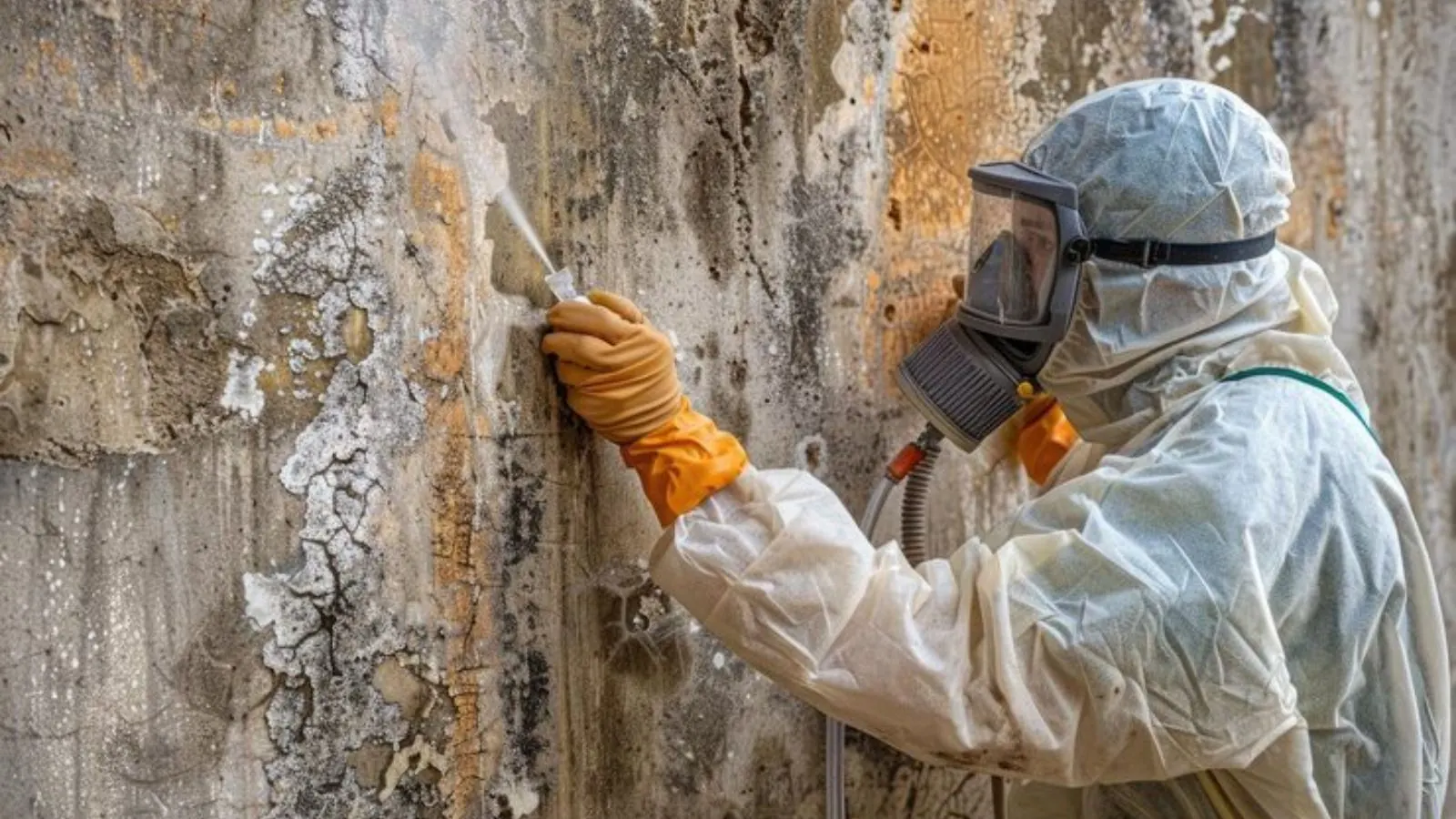 Worker in a respirator and protective suit scrubbing a mold-covered wall