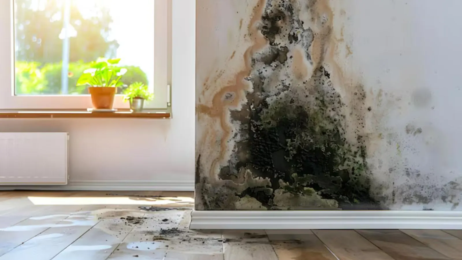 Mold staining on a wall beside a window above a wood floor
