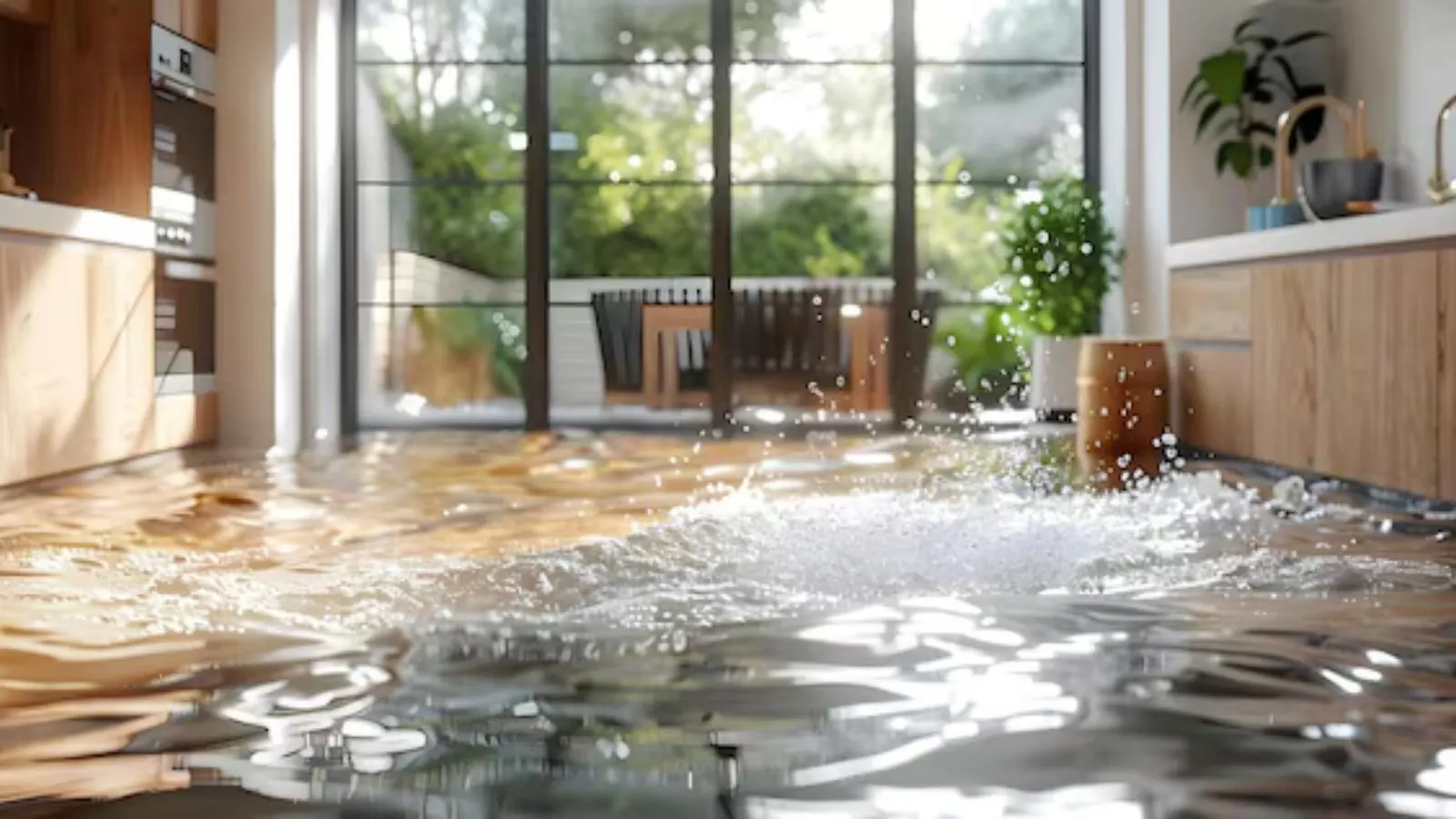 Living room with glass doors and water splashing across the floor
