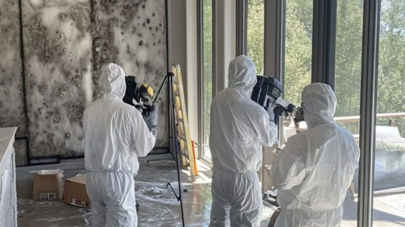 Crew in protective suits documenting a mold-covered wall with cameras