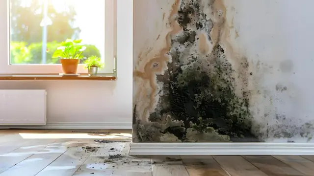 Mold staining on a wall beside a window above a wood floor
