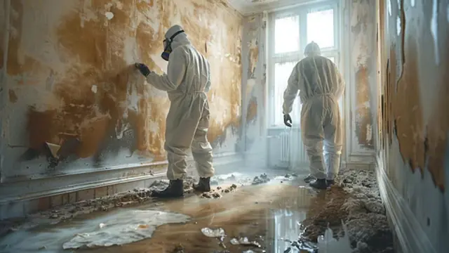 Workers in protective suits inspecting a water-damaged room with mold on the walls
