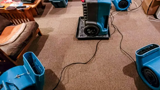 Air mover and dehumidifier set up on carpet to dry a water-damaged room